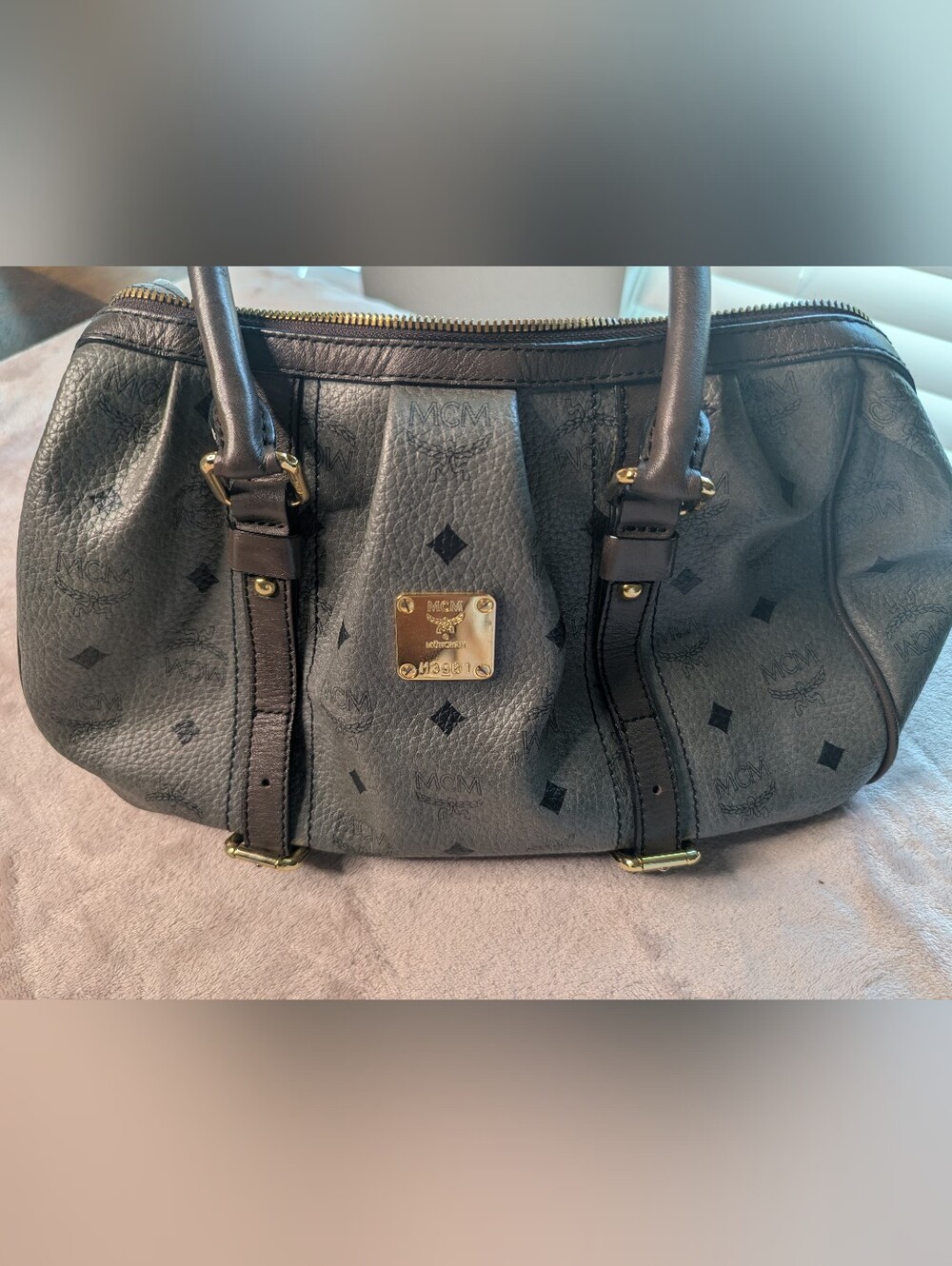 MCM Gray/Chocolate Visetos Leather Shoulder Bag with Gold Plaque